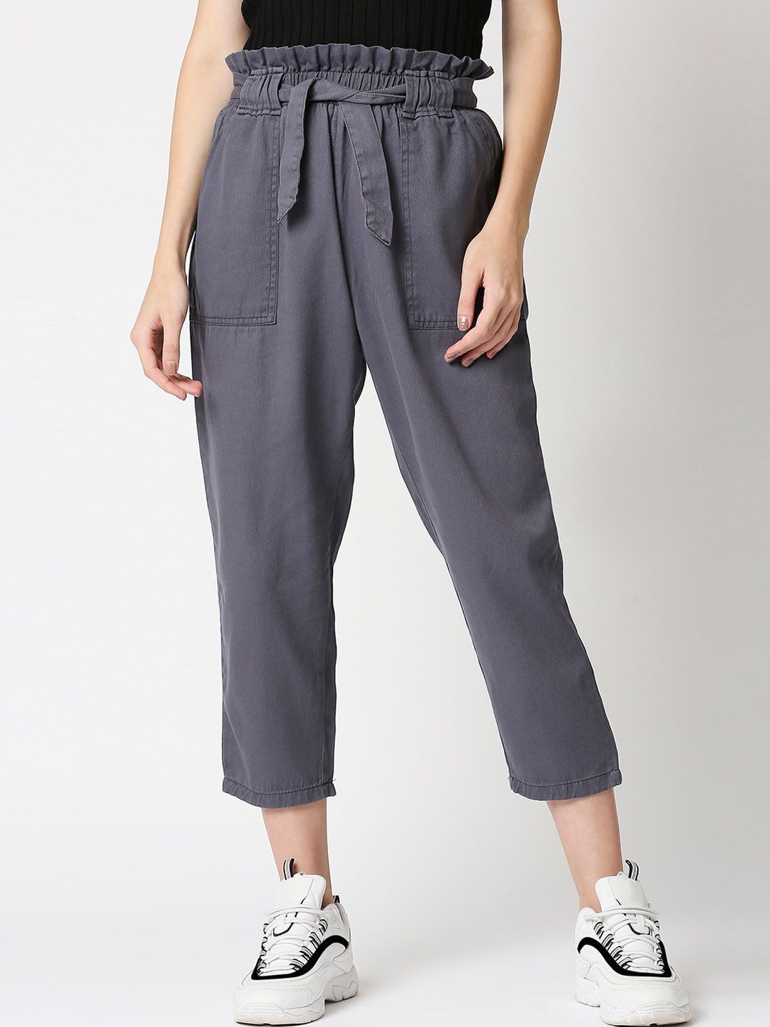 High Star Women Grey Straight Fit High-Rise Pleated Trousers Price in India