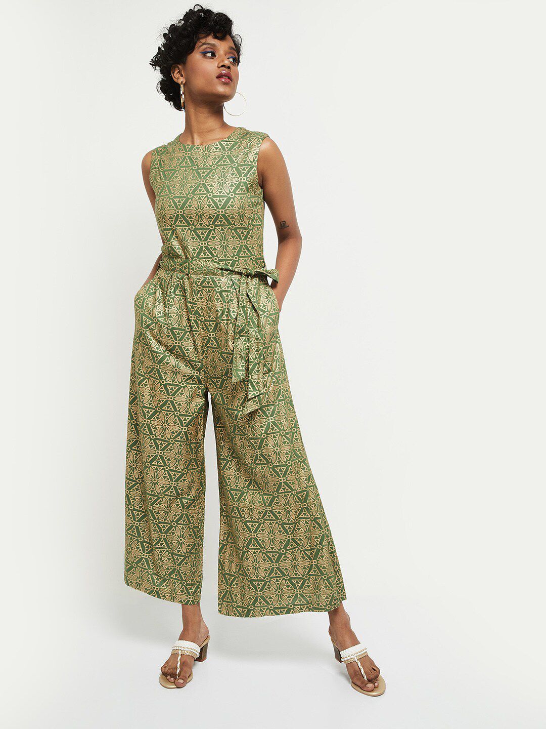 max Olive Green & Gold-Toned Printed Basic Jumpsuit Price in India