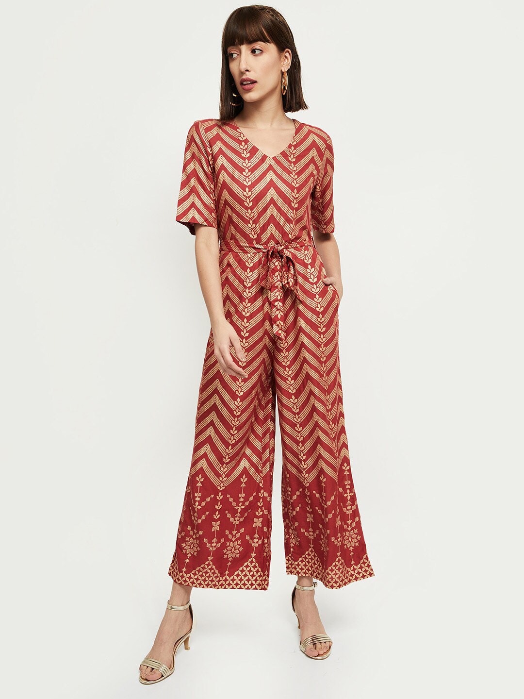 max Rust & Gold-Toned Printed Basic Jumpsuit Price in India