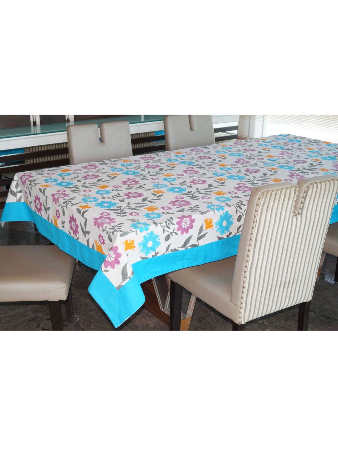 Lushomes Multicoloured Cotton 6 Seater Regular Flower Printed Table Cloth Price in India