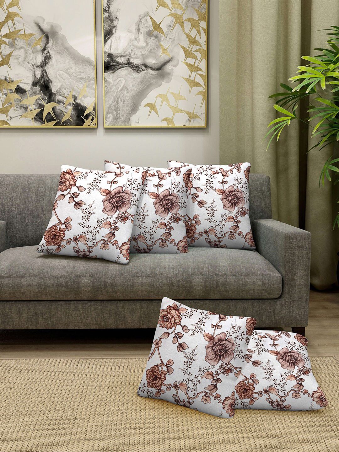 Arrabi Brown & White Set of 5 Floral Square Cushion Covers Price in India