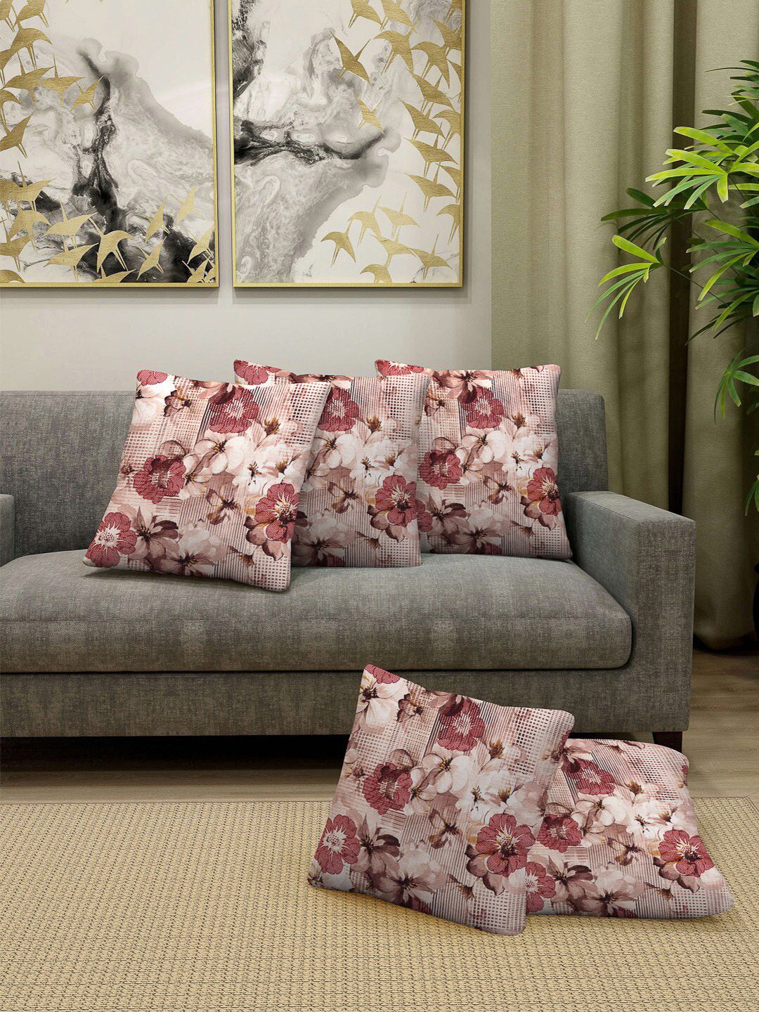 Arrabi Brown & White Set of 5 Floral Square Cushion Covers Price in India