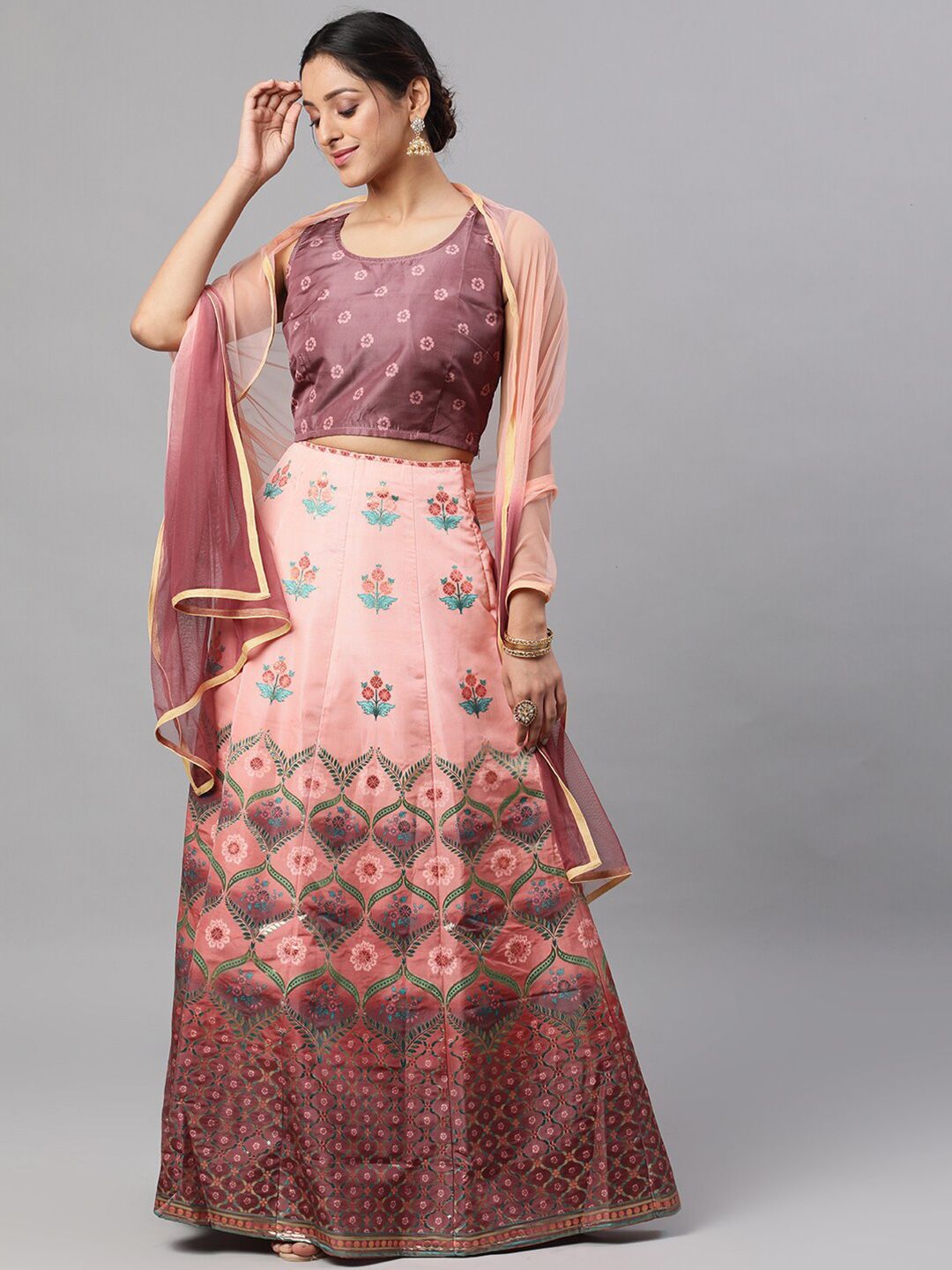 Luni Pink & Maroon Printed Ready to Wear Lehenga & Blouse With Dupatta Price in India