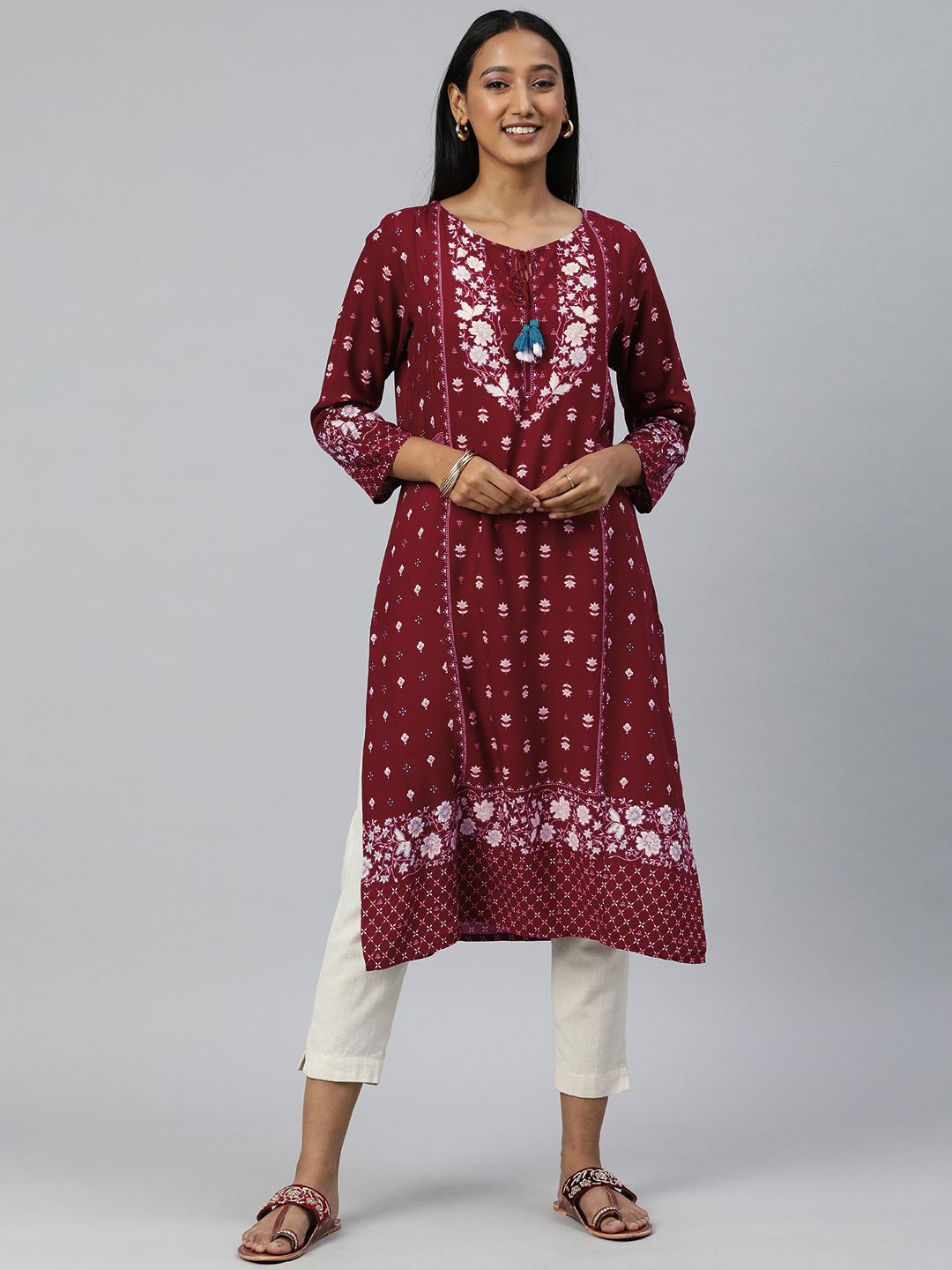 Global Desi Women Maroon Ethnic Motifs Printed Tie-Up Neck Straight Kurta Price in India