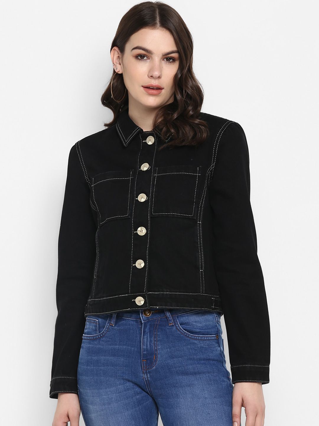 FOSH Women Black Crop Denim Jacket Price in India