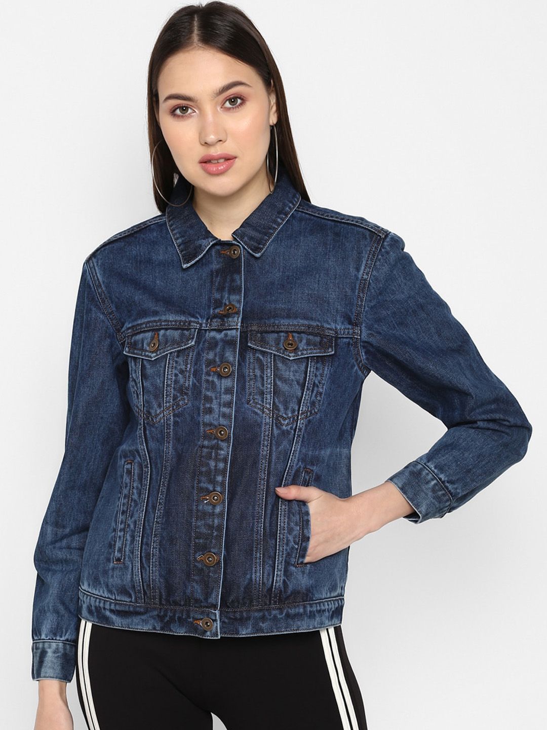 FOSH Women Blue Washed Denim Jacket with Patchwork Price in India