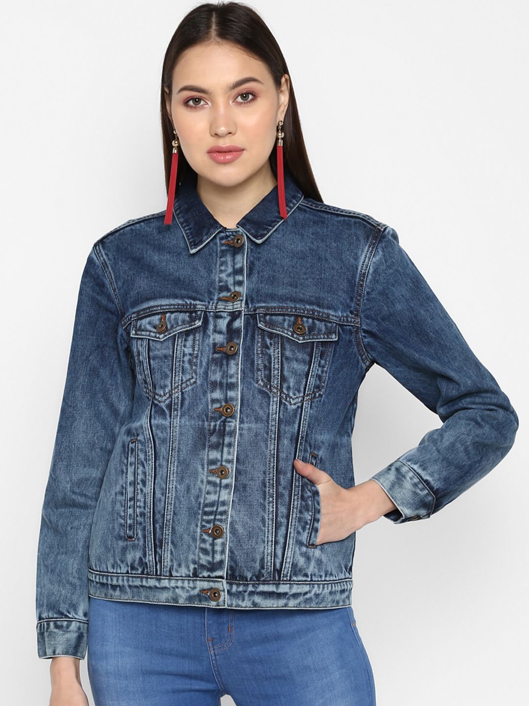 FOSH Women Blue Washed Pure Cotton Denim Jacket Price in India