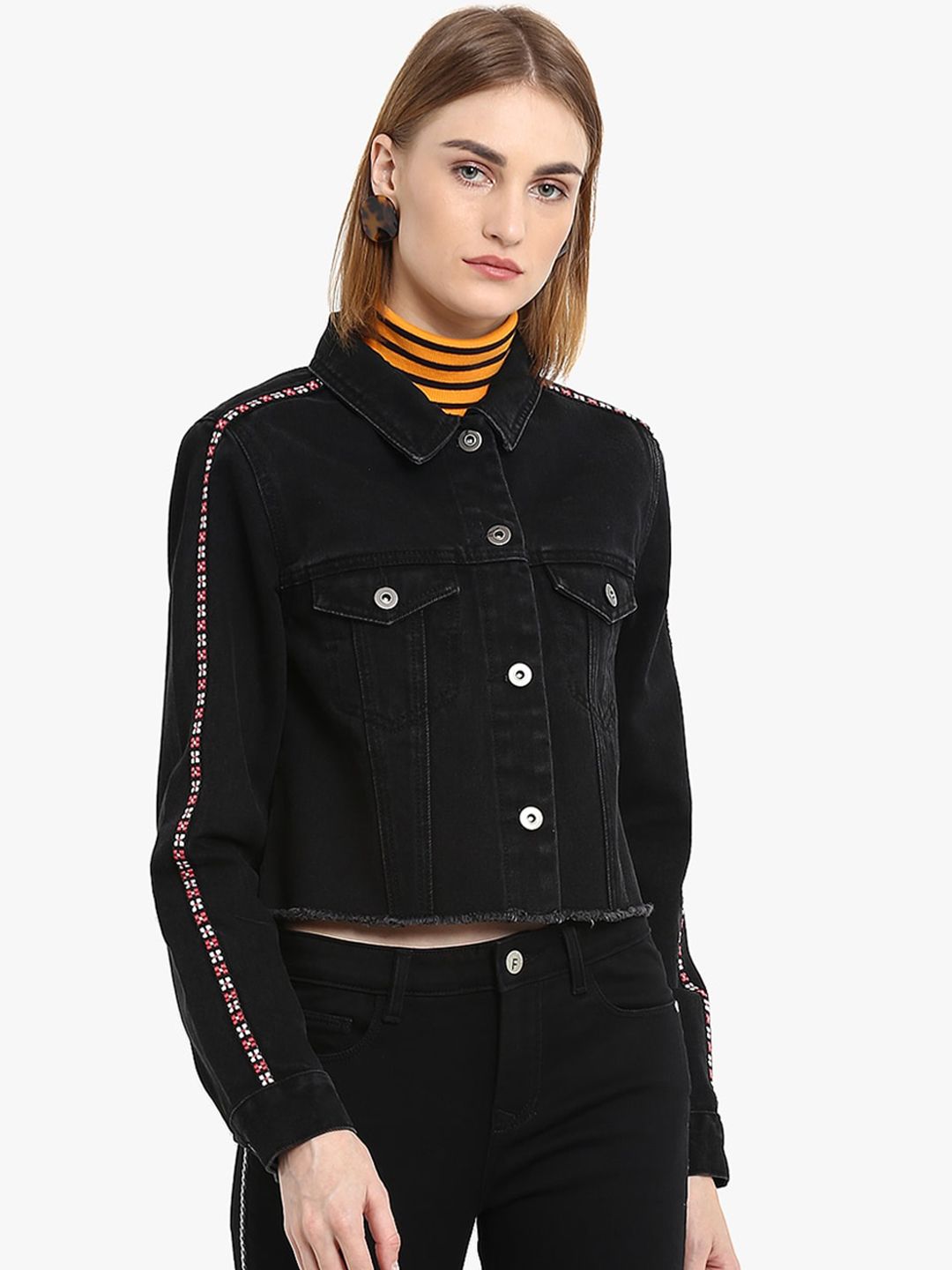 FOSH Women Black Washed Crop Denim Jacket Price in India