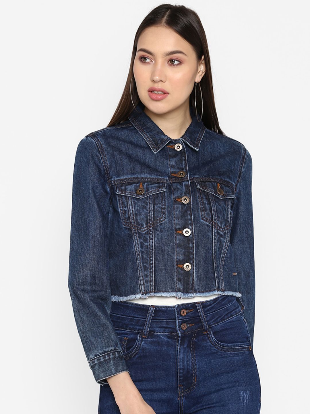 FOSH Women Blue Crop Denim Jacket Price in India