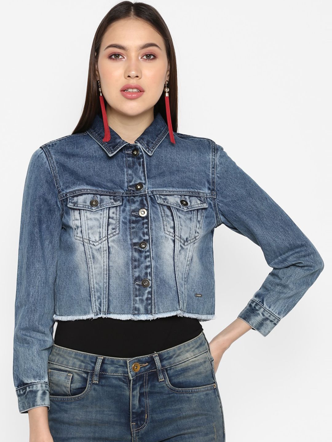 FOSH Women Blue Washed Crop Denim Jacket with Patchwork Price in India