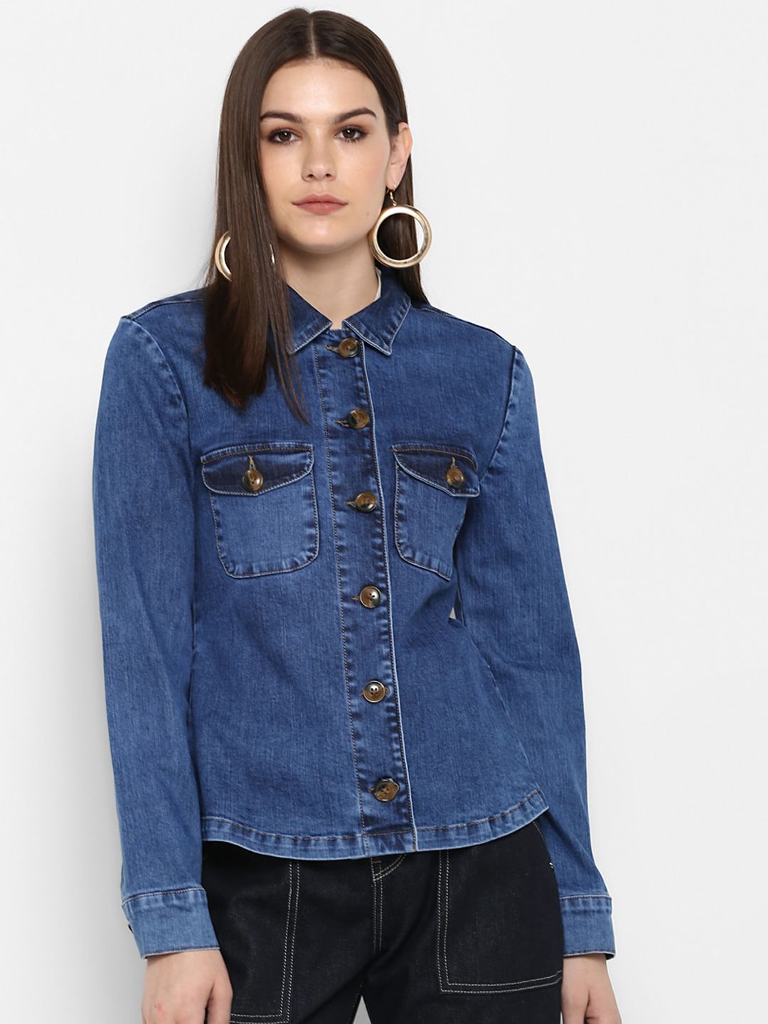 FOSH Women Blue Washed Denim Jacket with Patchwork Price in India