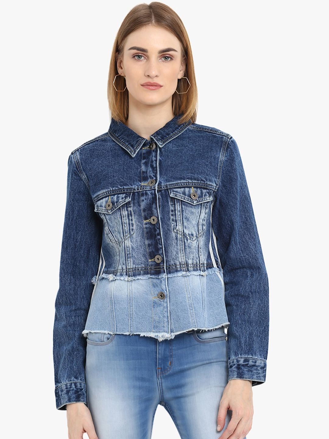 FOSH Women Blue Washed Crop Denim Jacket Price in India