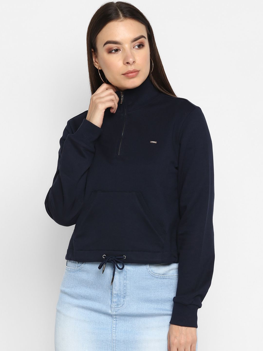 FOSH Women Navy Blue Solid Crop Turtle Neck Sweatshirt Price in India