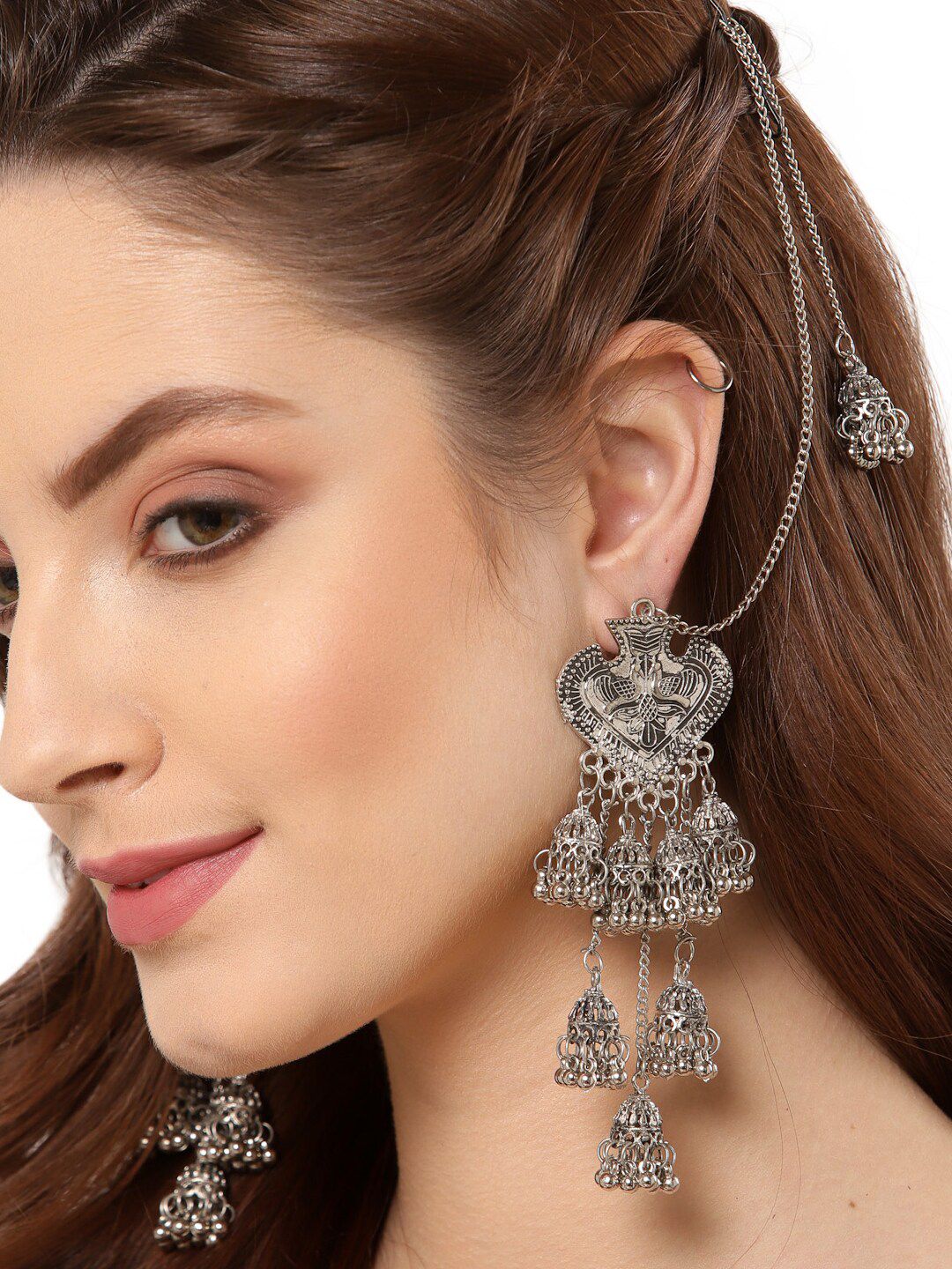 Shining Diva Silver-Toned Oxidised Contemporary Jhumkas with Chain Earrings Price in India