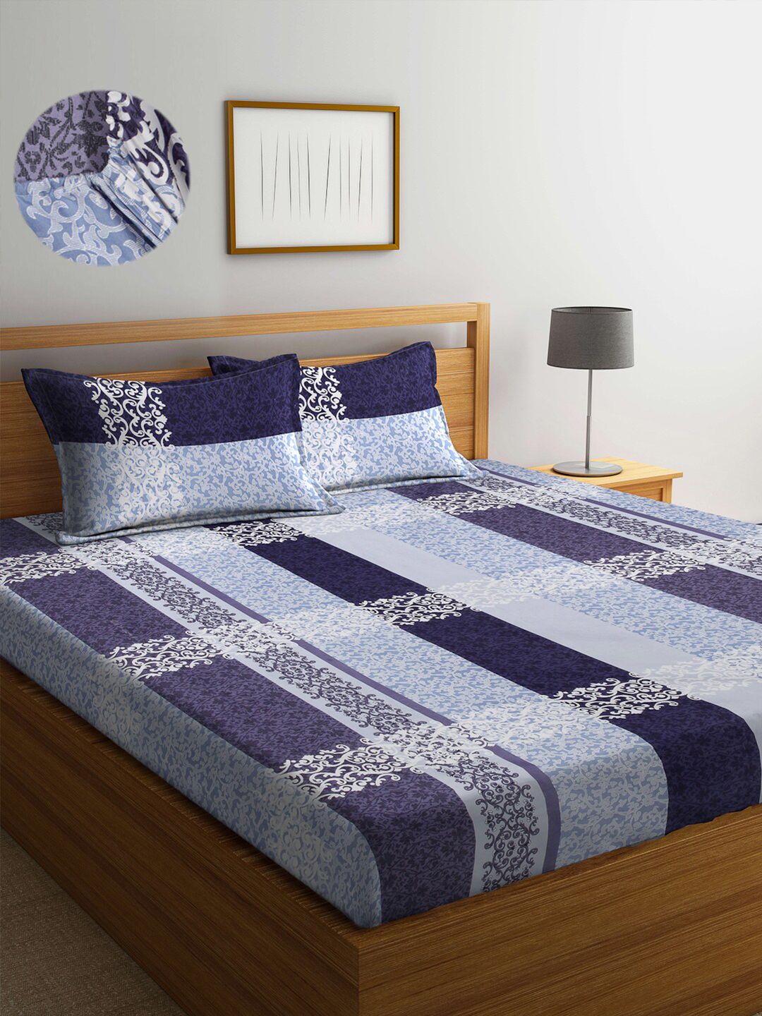 Arrabi Navy Blue & Grey Ethnic Motifs Fitted 300 TC King Bedsheet With 2 Pillow Covers Price in India
