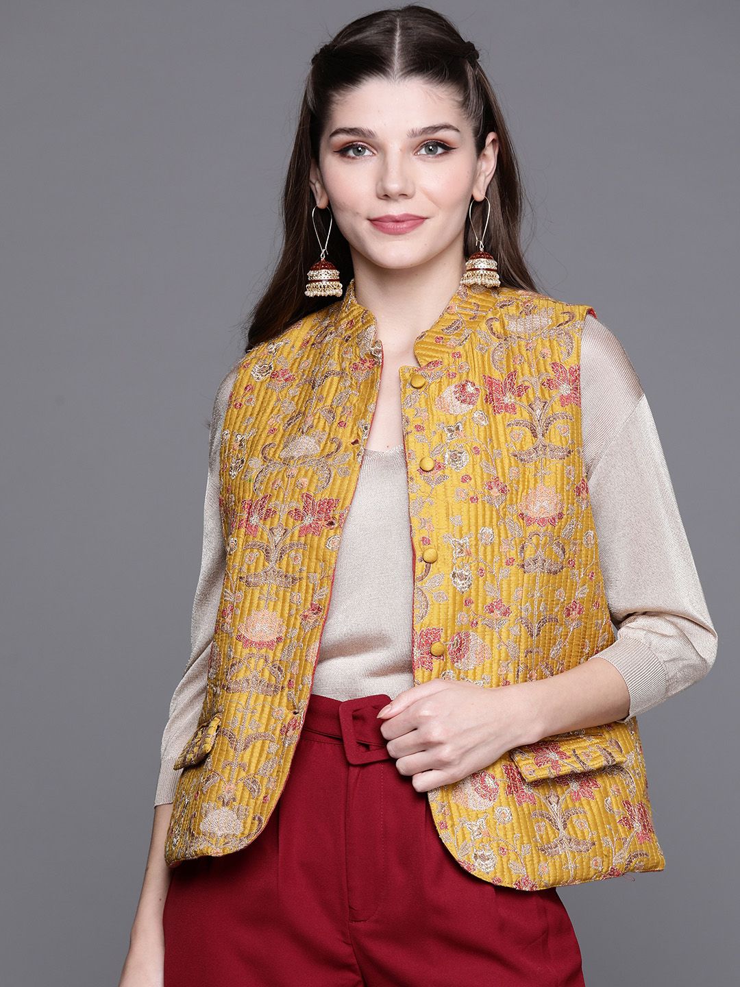 Biba Women Mustard & Golden Floral Embroidered Jacket Price in India