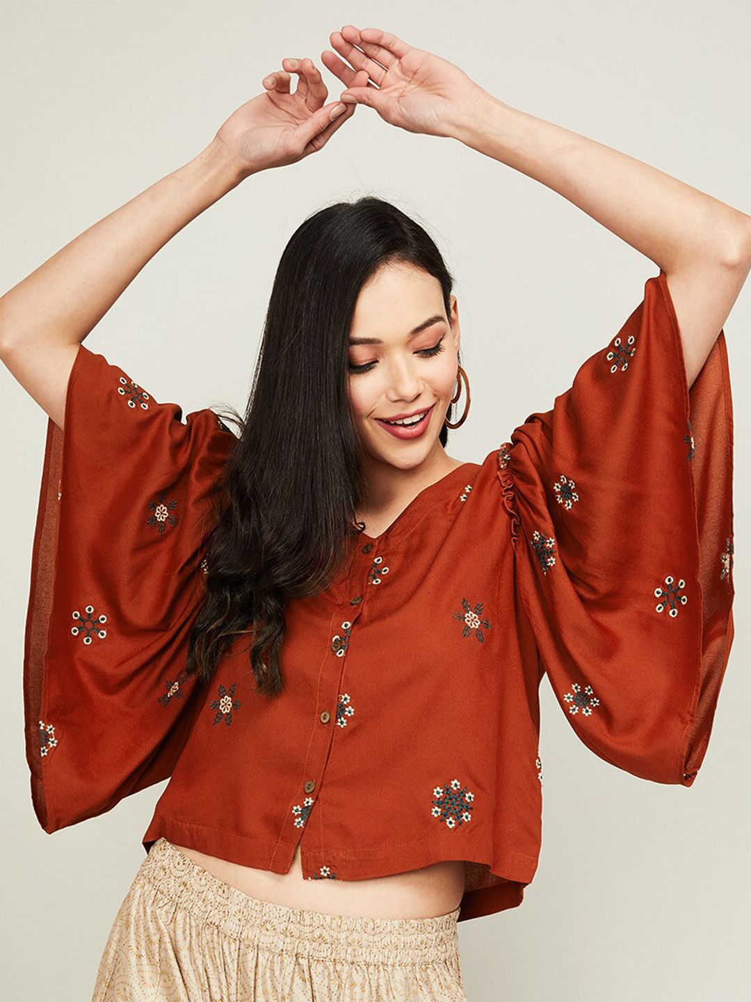Colour Me by Melange Maroon & White Floral Embroidered A-Line Top