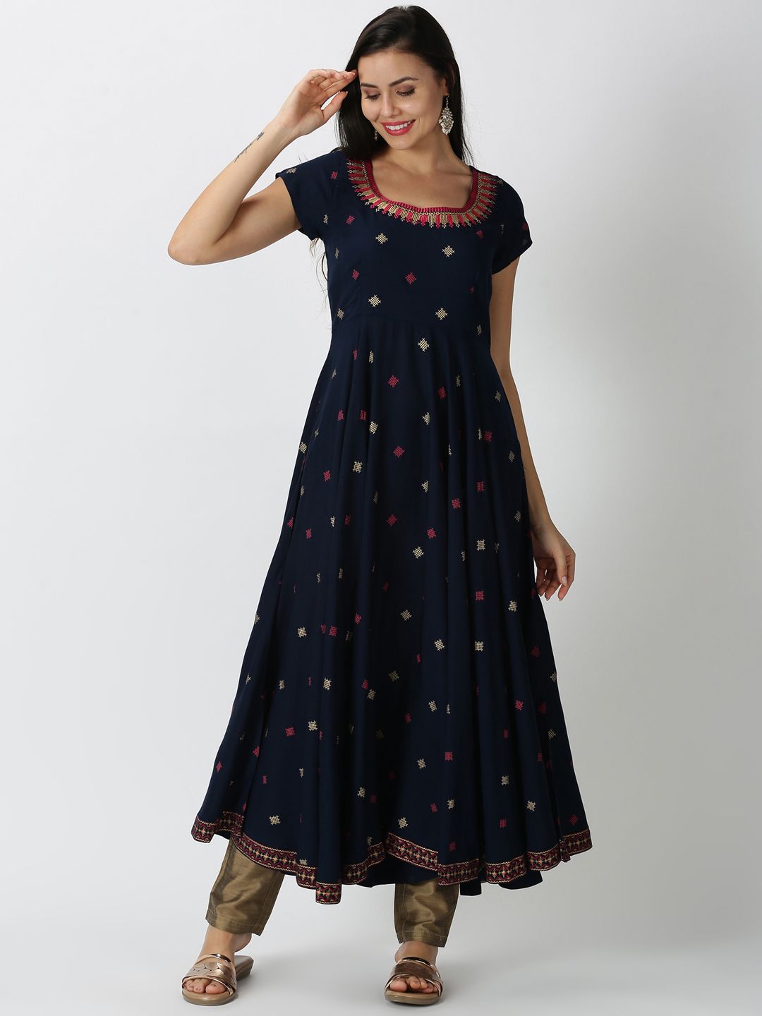 Saffron Threads Women Navy Blue Woven Geometric Design Anarkali Kurta Price in India