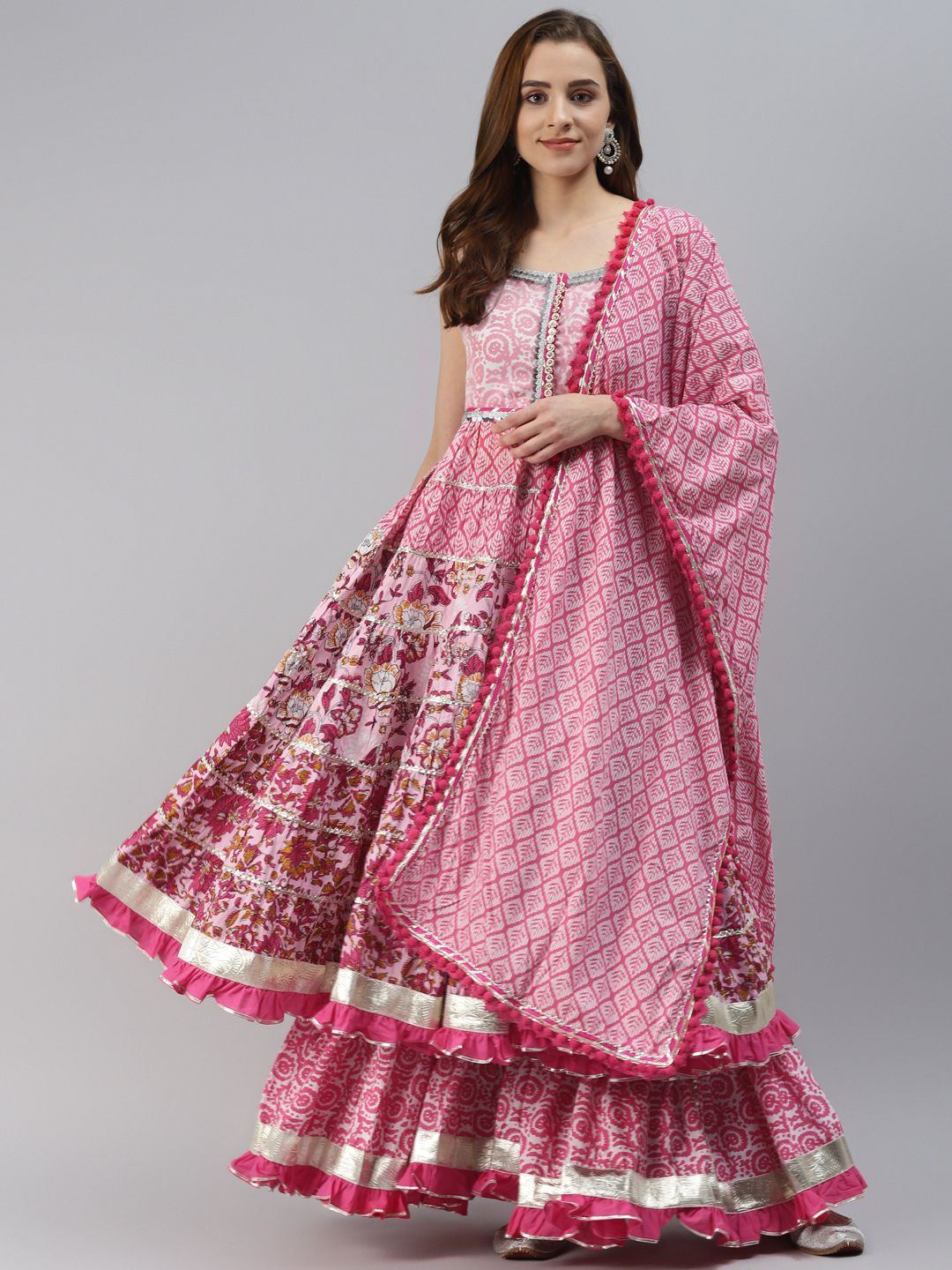 Divena Women Pink Floral Embroidered Regular Gotta Patti Pure Cotton Kurta with Sharara & With Dupatta Price in India