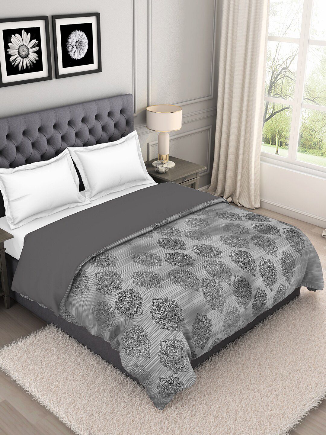 SPACES Grey Ethnic Motifs AC Room 210 GSM Double Bed Quilt Price in India