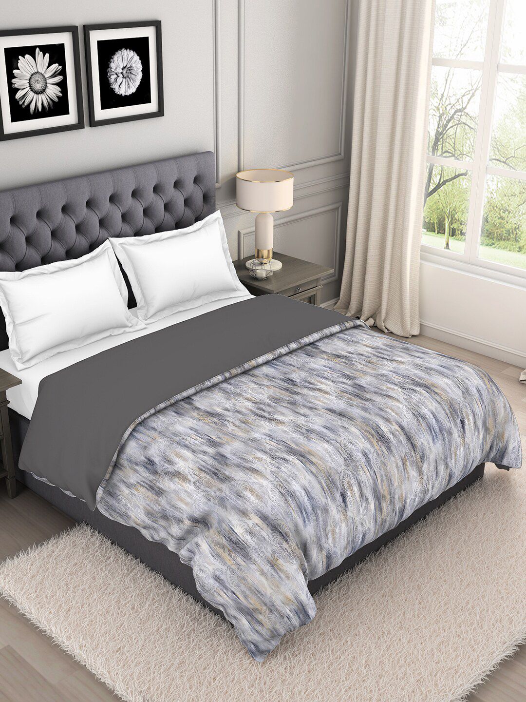 SPACES Grey & Off White Printed Anti-Microbial AC Room 210 GSM Double Bed Quilt Price in India