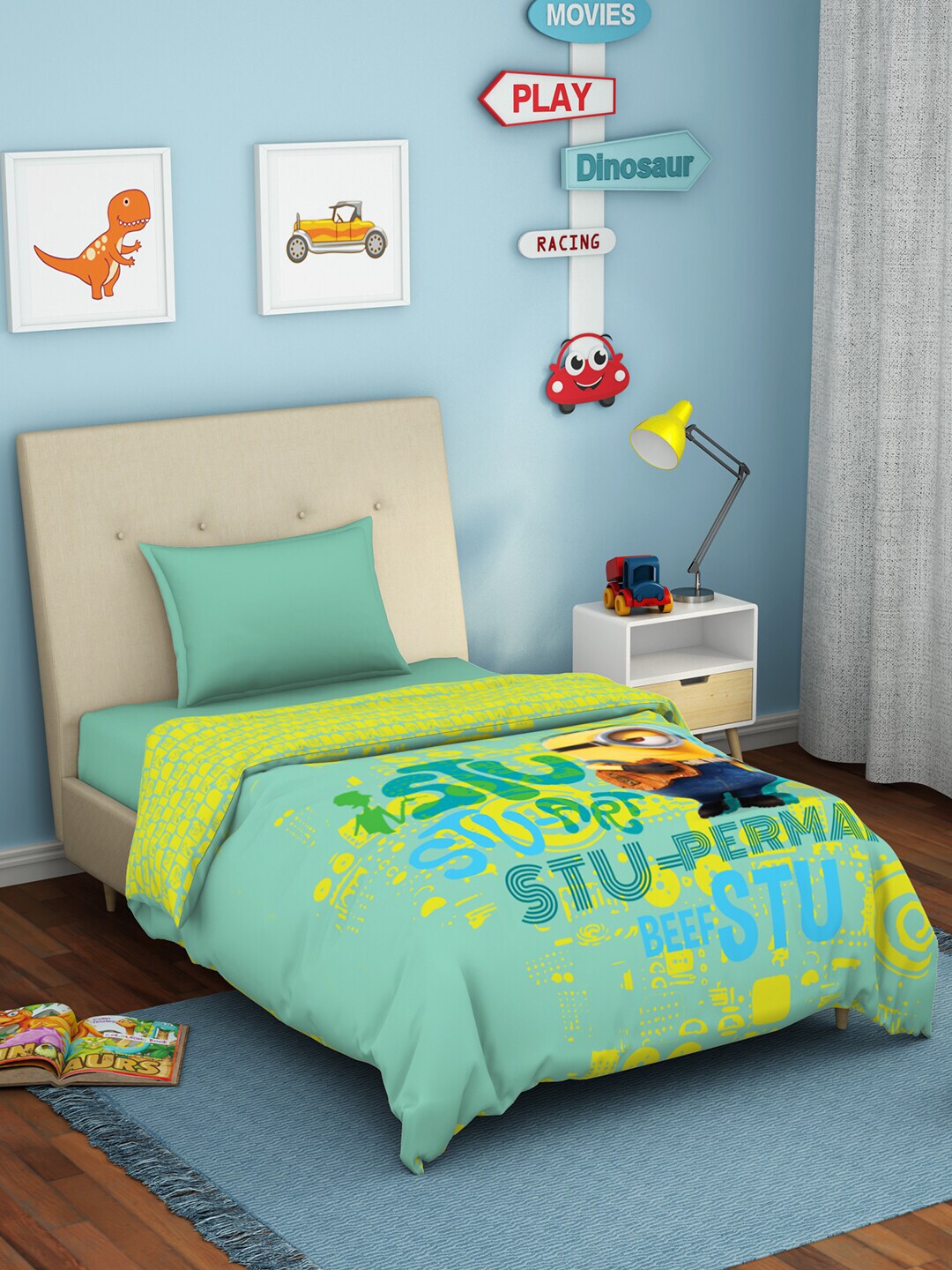 SPACES Green & Yellow Minion Cartoon Characters AC Room Pure Cotton Single Bed Quilt Price in India