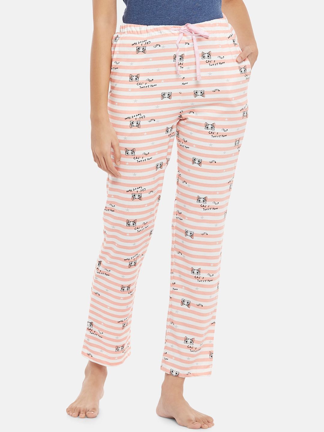 Dreamz by Pantaloons Women Pink & White Printed Cotton  Lounge Pants Price in India