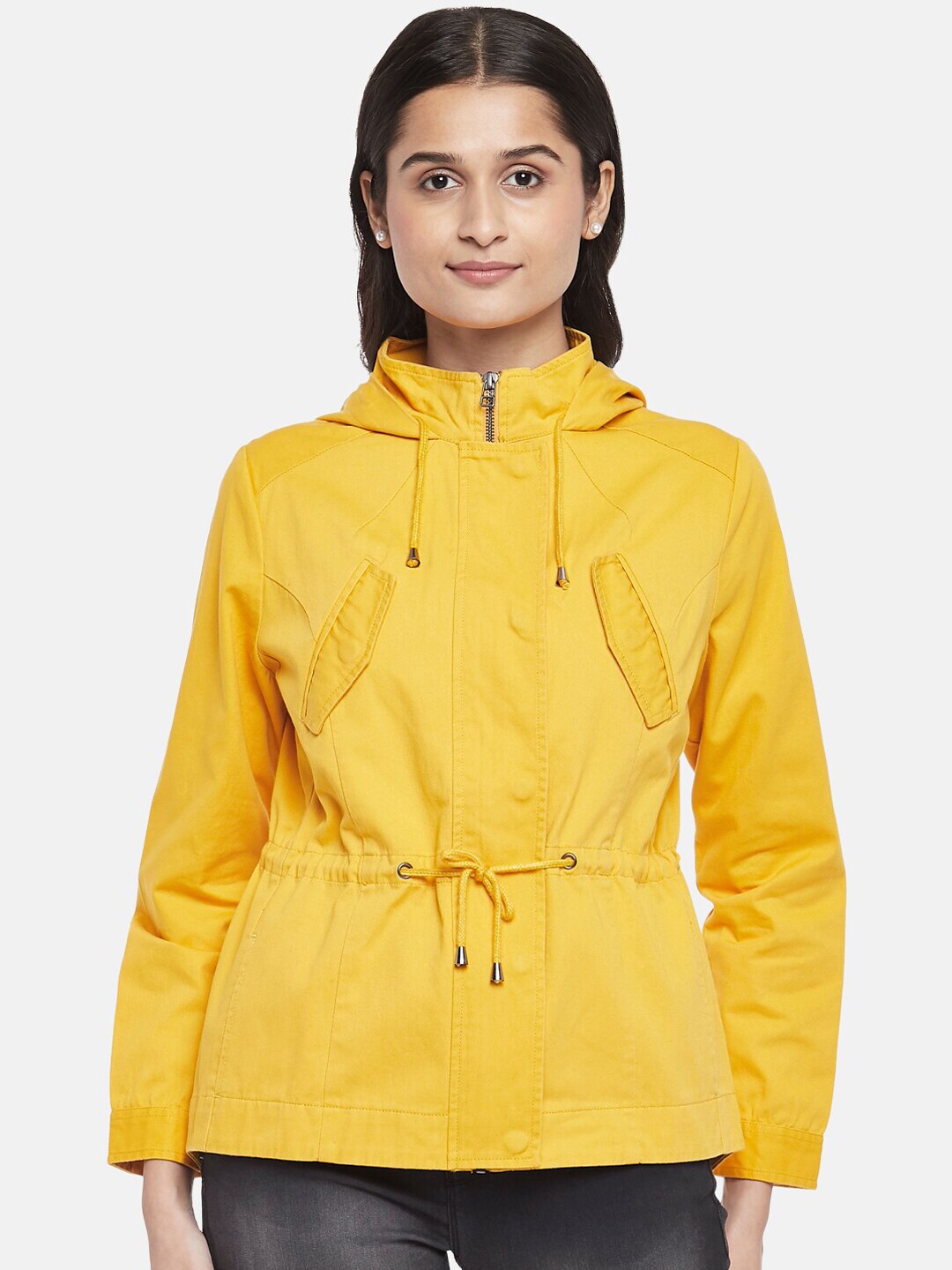 People Women Mustard Yellow Cotton Parka Jacket Price in India