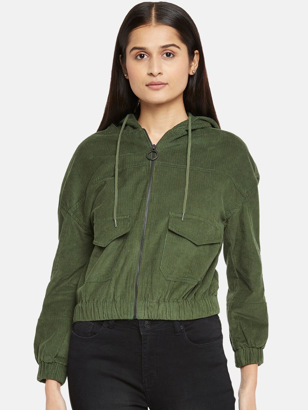People Women Olive Green Solid Hooded Bomber Jacket Price in India