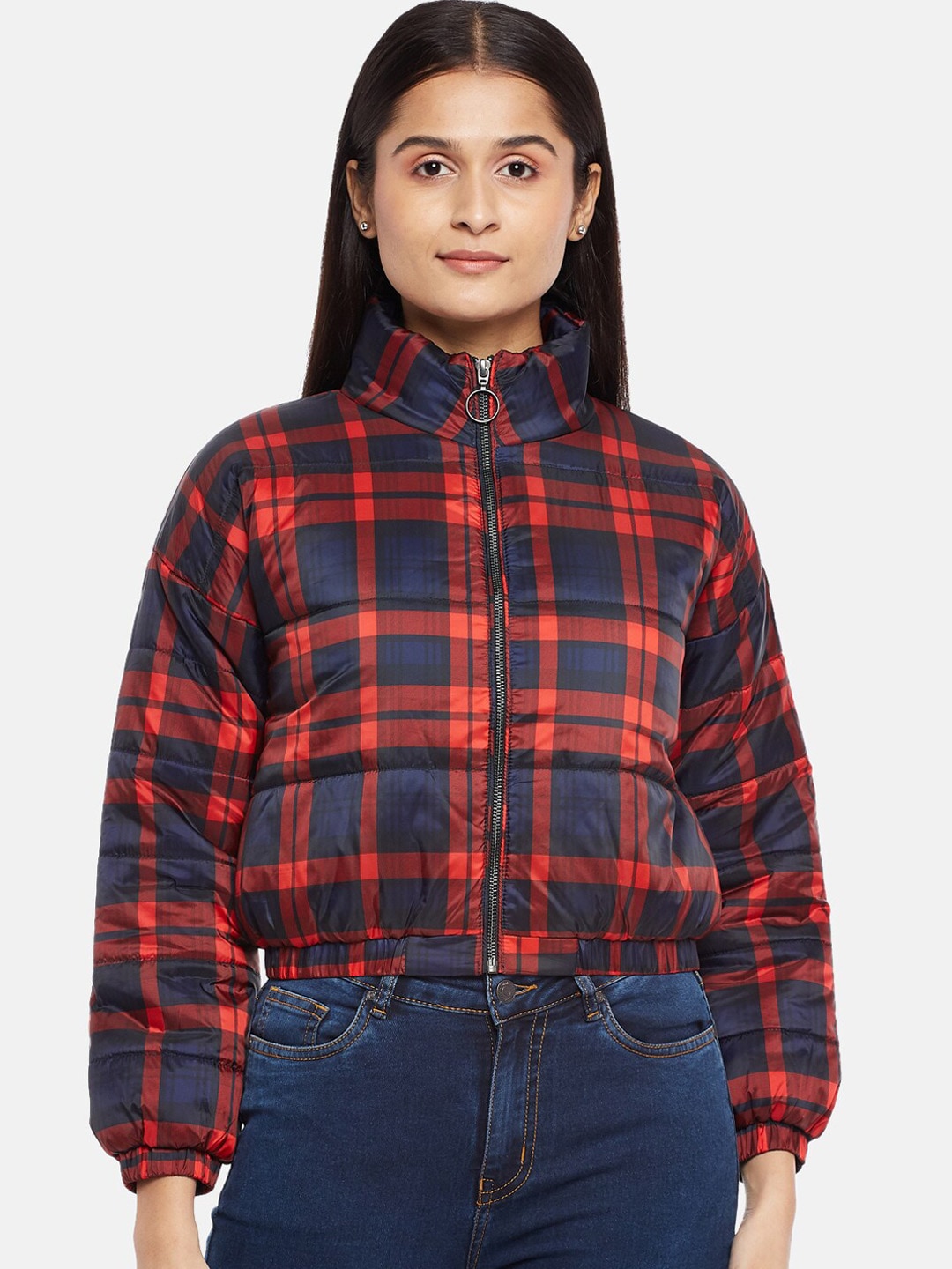 People Women Red & Blue Checked Tailored Jacket Price in India