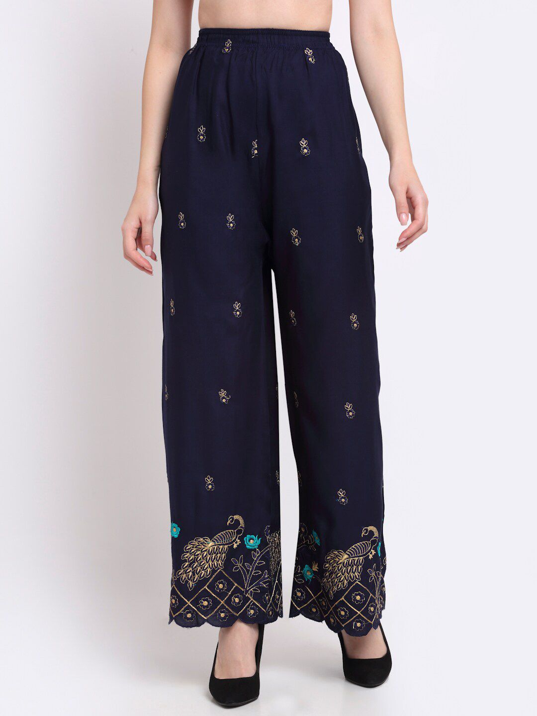 TAG 7 Women Navy Blue & Gold-Toned Ethnic Motifs Embroidered Ethnic Palazzos Price in India