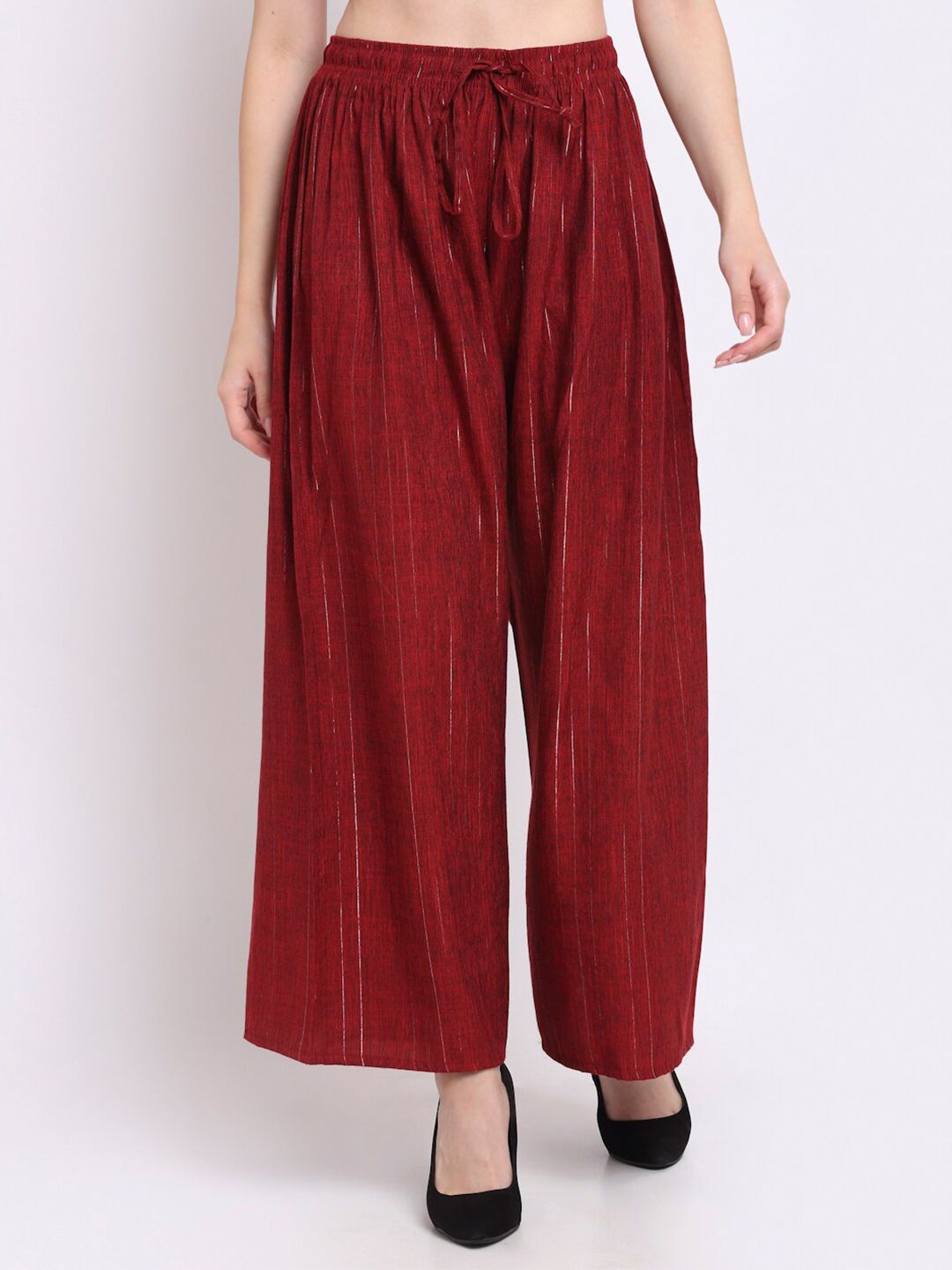 TAG 7 Women Maroon & Gold-Toned Striped Palazzos