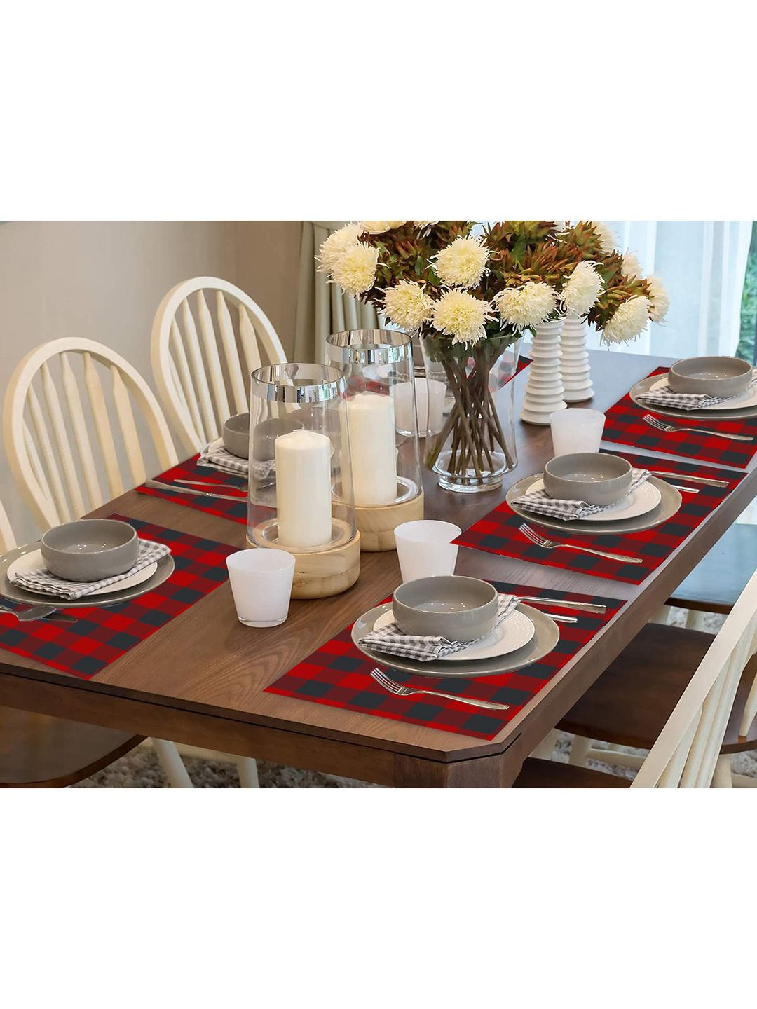 Lushomes Pack of 6 Red & Black Checked Table Place Mats Price in India