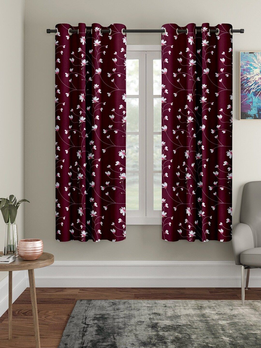 Cortina Set of 2 Floral Maroon & White Window Curtains Price in India