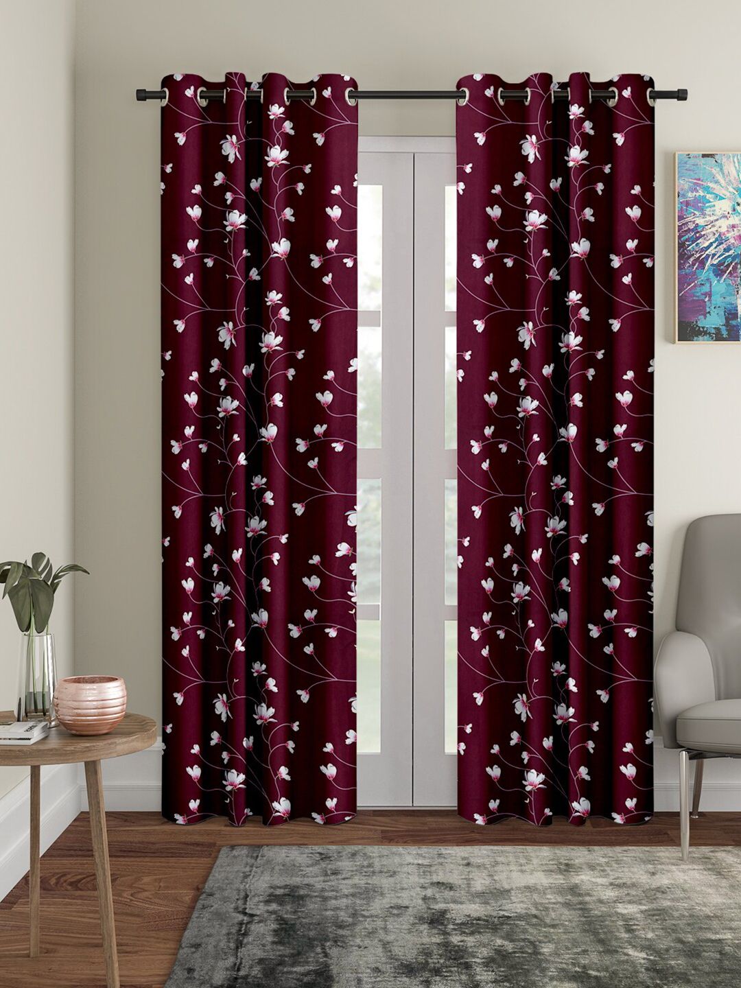 Cortina Set of 2 Maroon & White Floral Room Darkening Door Curtains Price in India