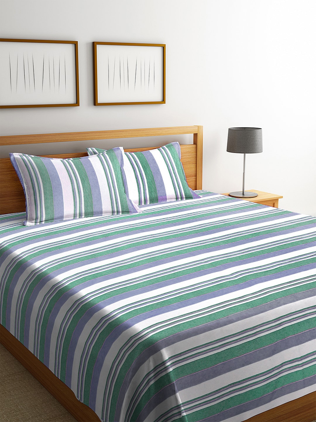 KLOTTHE Green & White Striped Pure Cotton Double King Bedcover With 2 Pillow Covers Price in India