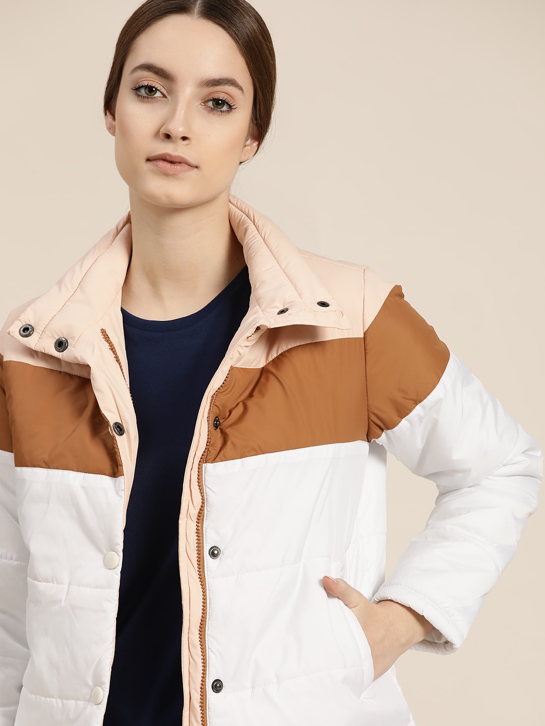 ether Women White Brown Colourblocked Padded Jacket Price in India