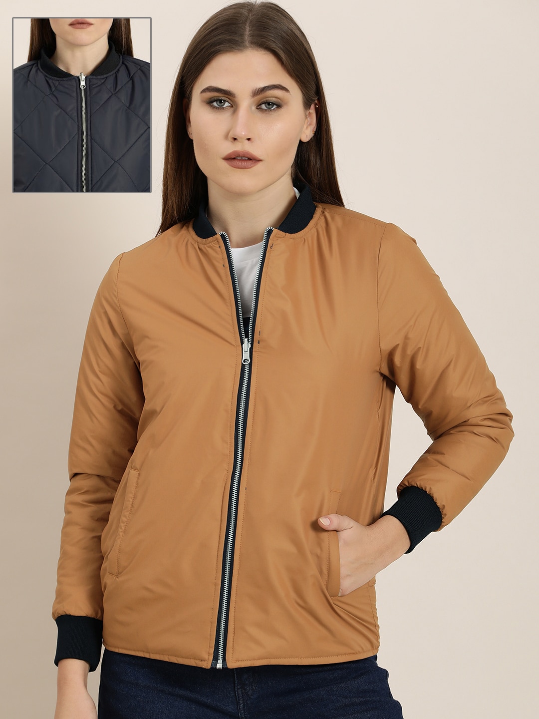 ether Women Brown Reversible Bomber Jacket Price in India
