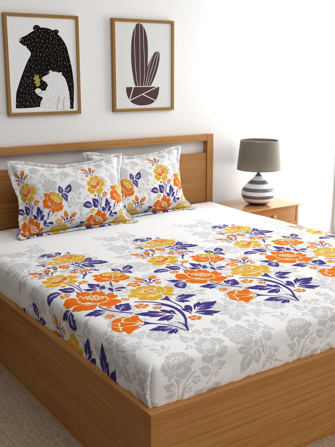 Dreamscape White & Yellow Printed Cotton 144 TC Queen Bedsheet with 2 Pillow Covers Price in India