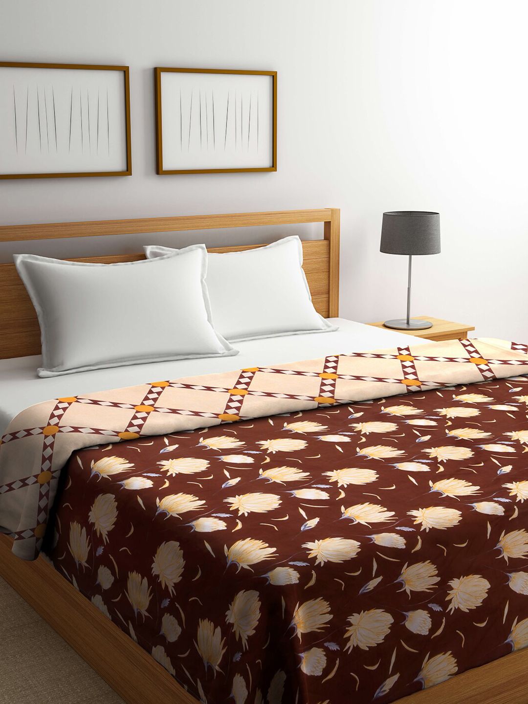 KLOTTHE Brown & Peach-Coloured Floral Printed Cotton AC Room 354 GSM Double Bed Comforter Price in India