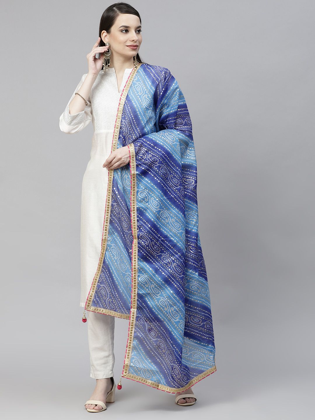 mokshi Blue Dyed Pure Cotton Foil Print Bandhani Kota Doriya Dupatta with Gotta Patti Price in India