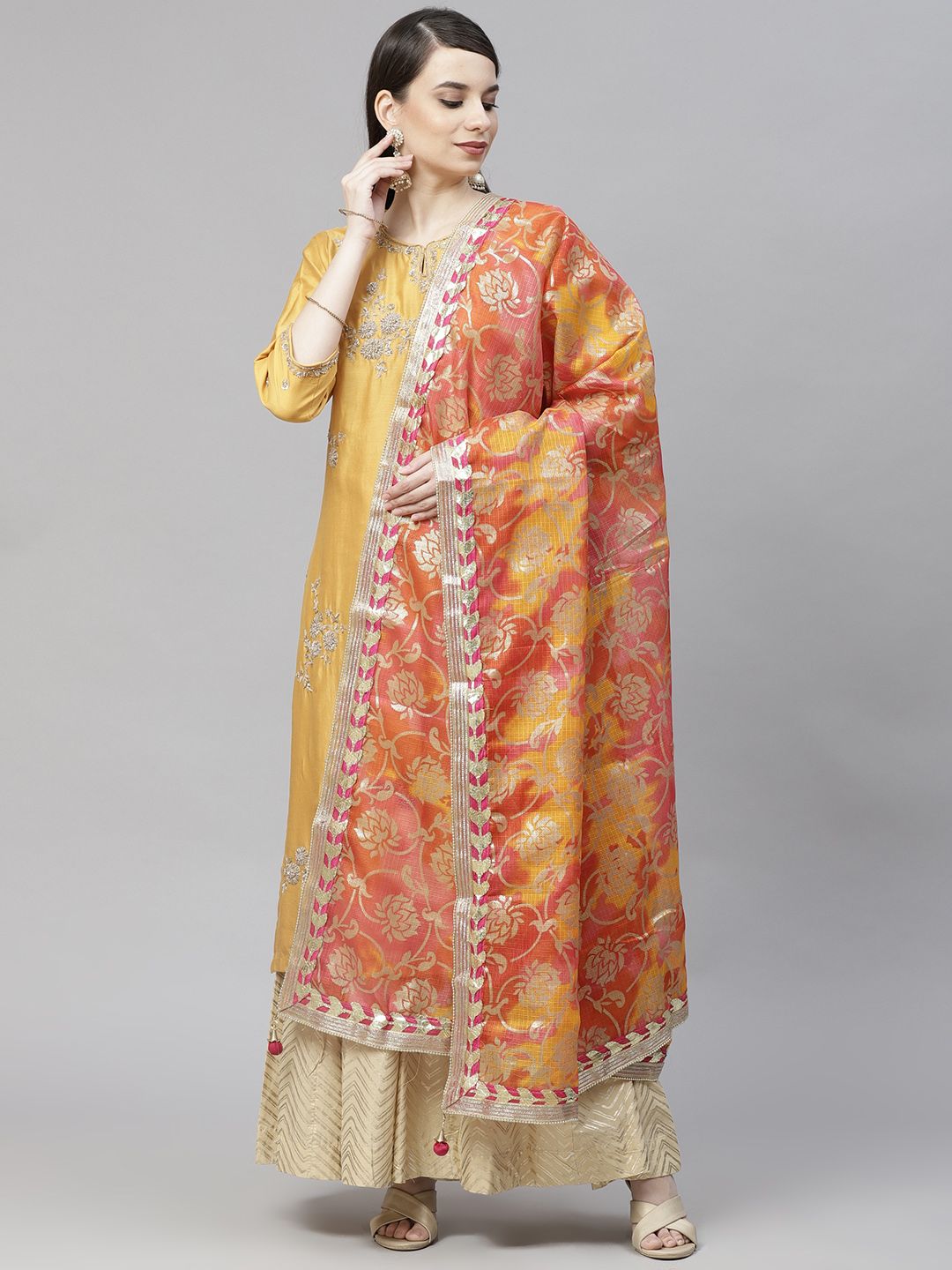 mokshi Red & Yellow Ethnic Motifs Dyed Pure Cotton Foil Print Dupatta with Gotta Patti Price in India