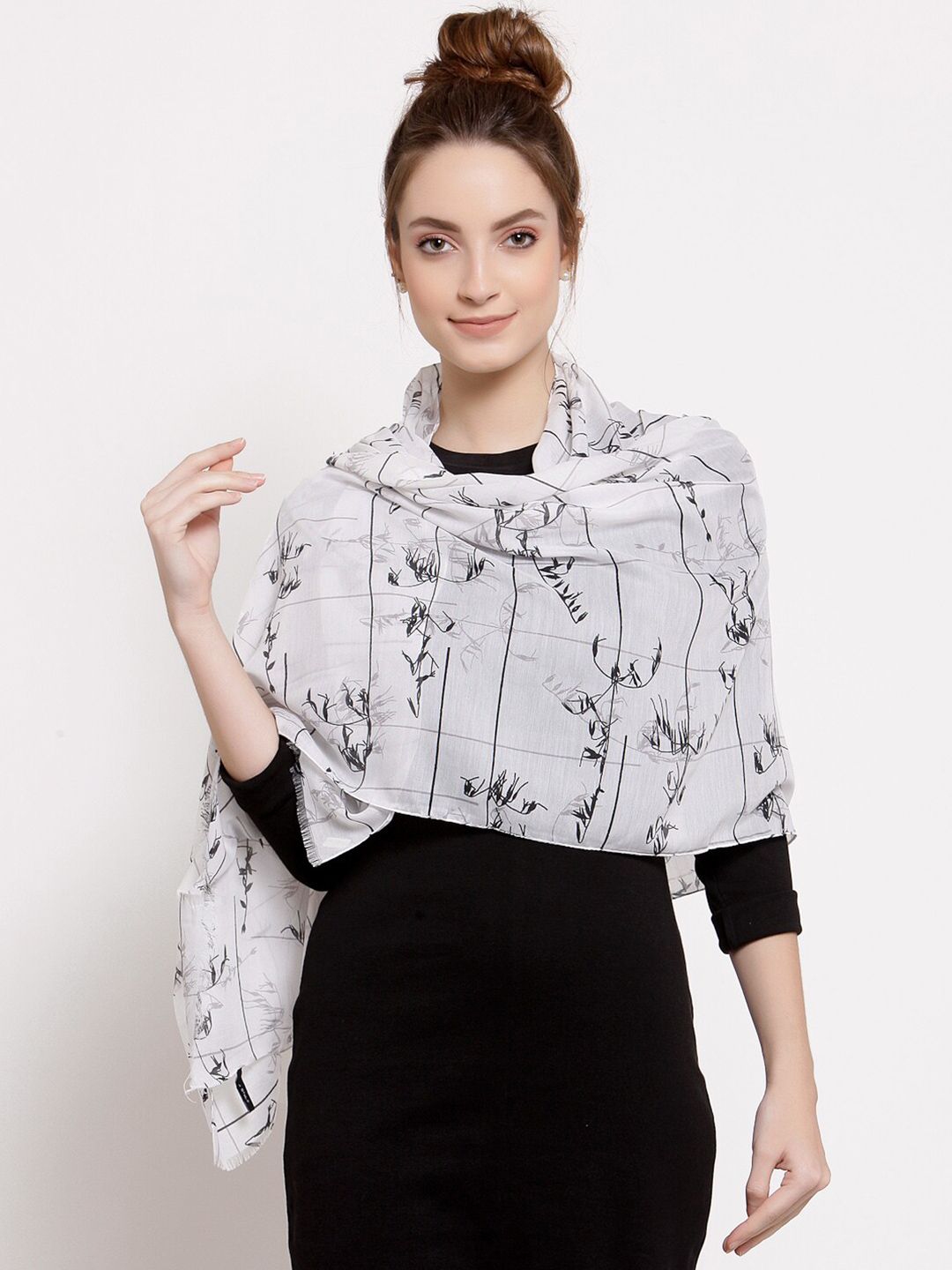 J Style Women White & Black Abstract Printed Cotton Stole Price in India