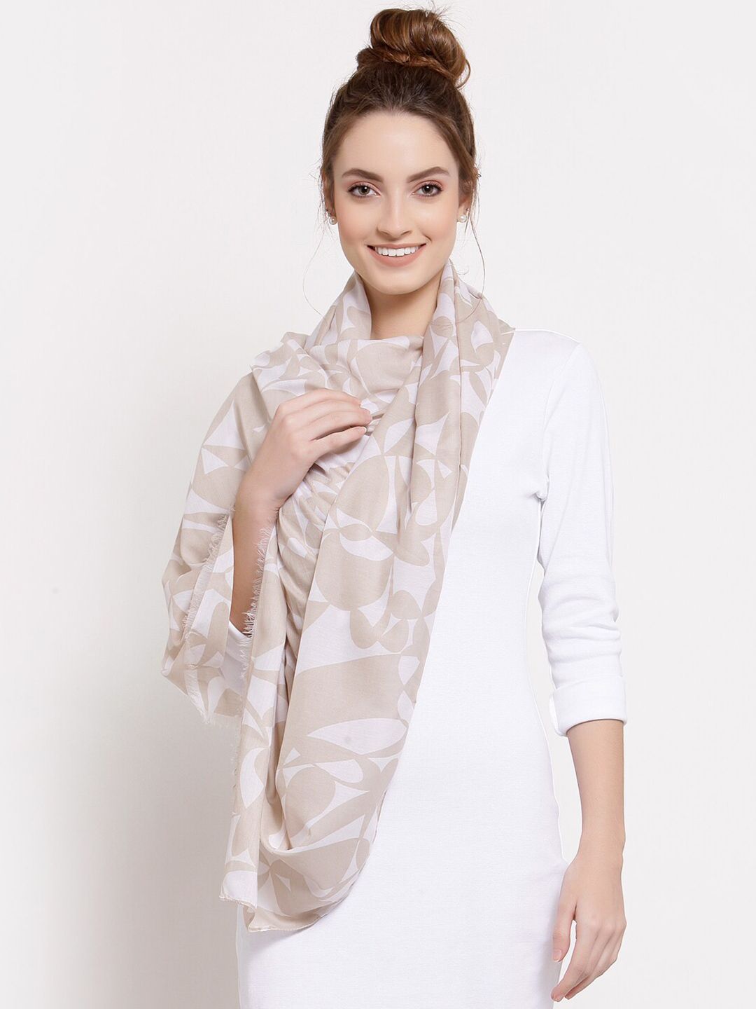 J Style Women Beige & Off White Abstract Printed Cotton Stole Price in India