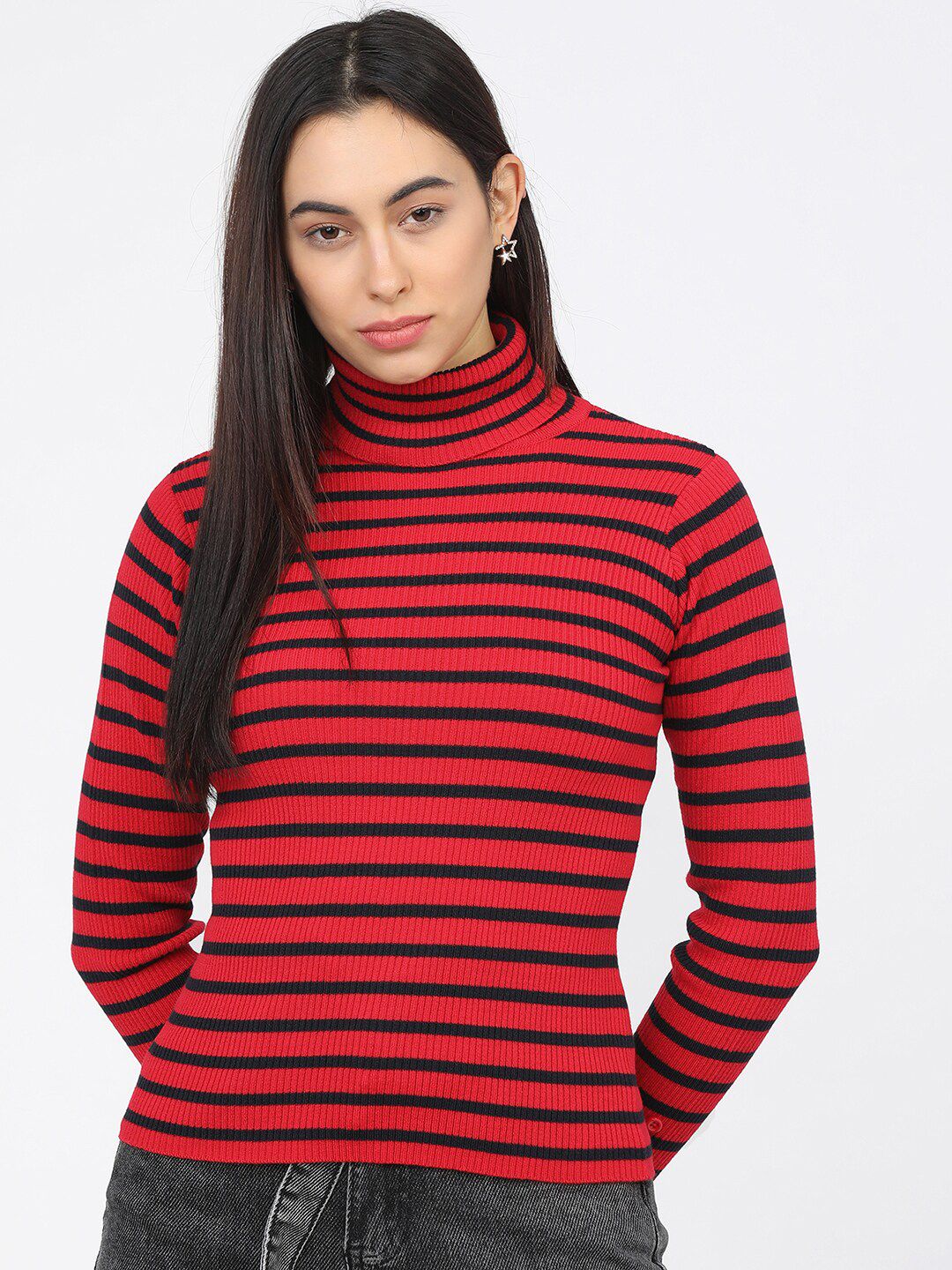 Tokyo Talkies Women Red & Navy Blue Turtle Neck Acrylic Pullover Sweater Price in India