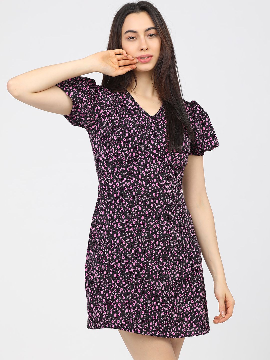 Tokyo Talkies Black & Pink Floral A-Line Mini Dress Price in India