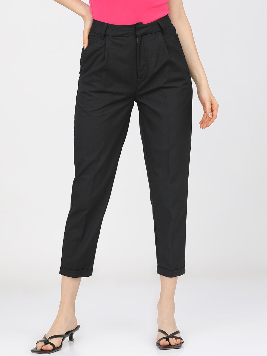 Tokyo Talkies Women Black Tapered Fit Easy Wash Pleated Trousers Price in India