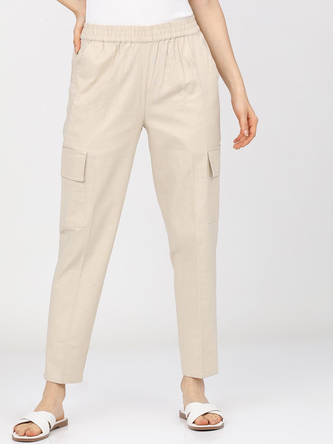 Tokyo Talkies Women Cream-Coloured Straight Fit Cargos Trousers Price in India
