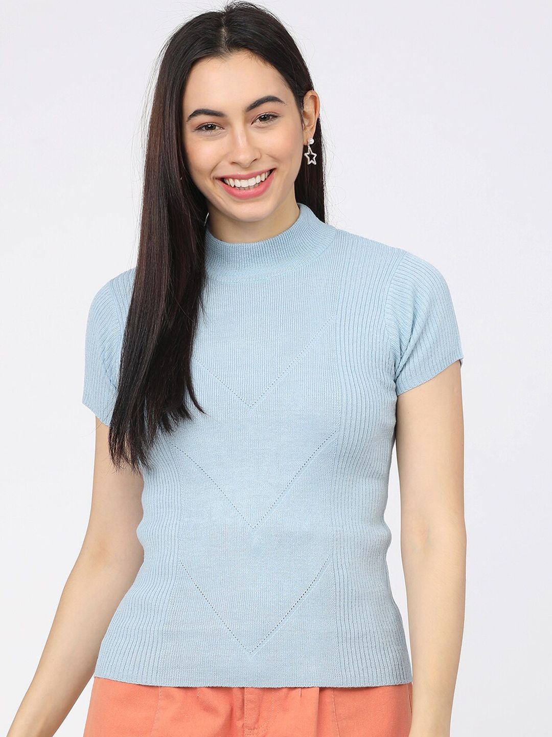 Tokyo Talkies Women Blue Ribbed Acrylic Pullover Price in India