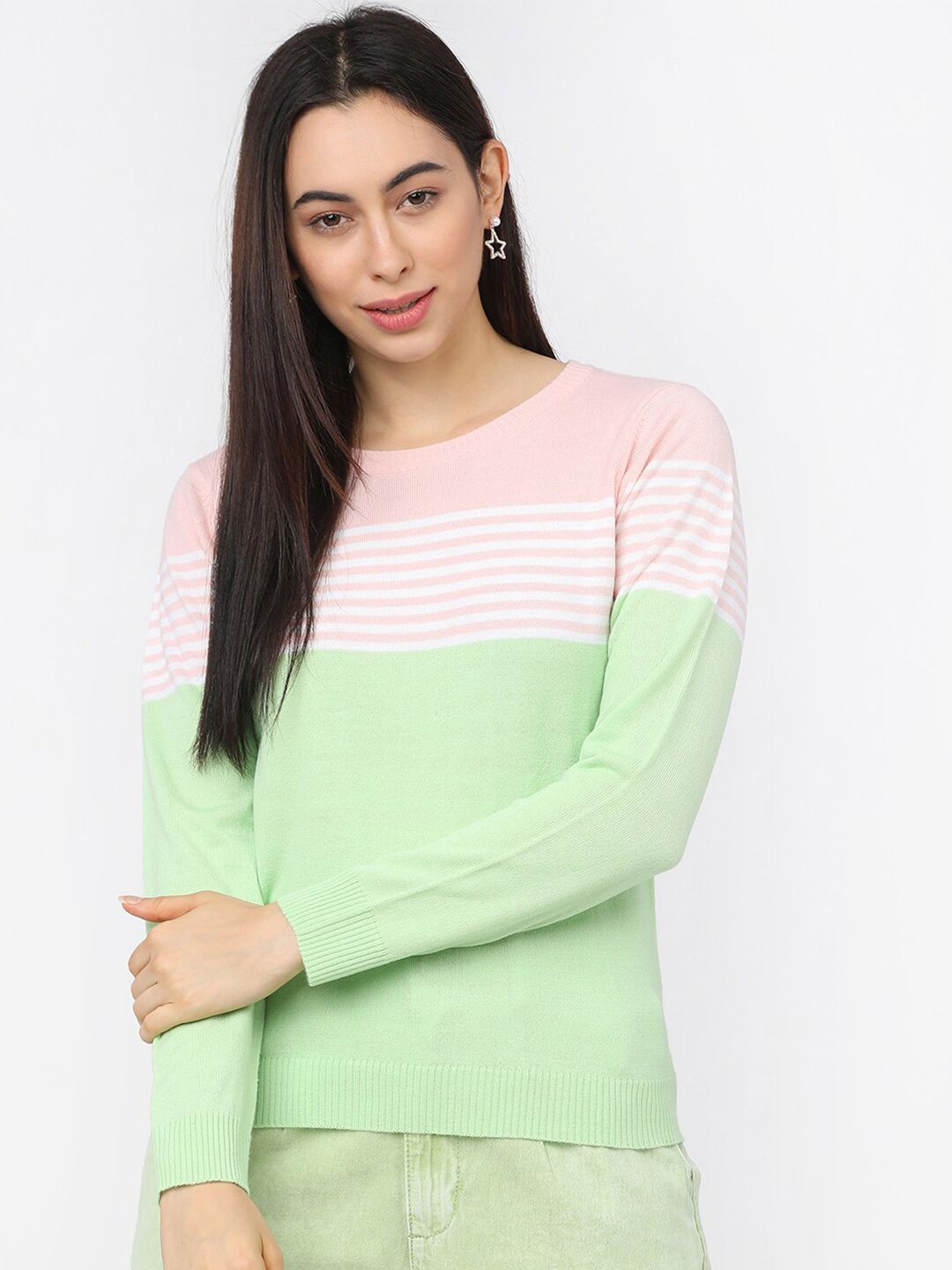 Tokyo Talkies Women Green & Rose Striped Acrylic Pullover Price in India